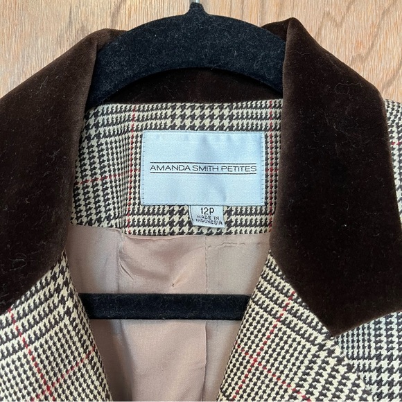 Amanda Smith Petites Preppy Houndstooth Plaid Boxy Blazer Velvet Trim Wool Blend - Picture 3 of 16